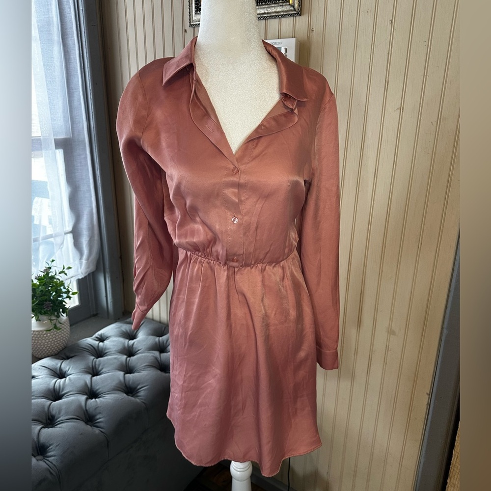 Zara Blush Pink Satin Shirt Dress Womens XS Long Sleeve Elastic Waist Silky